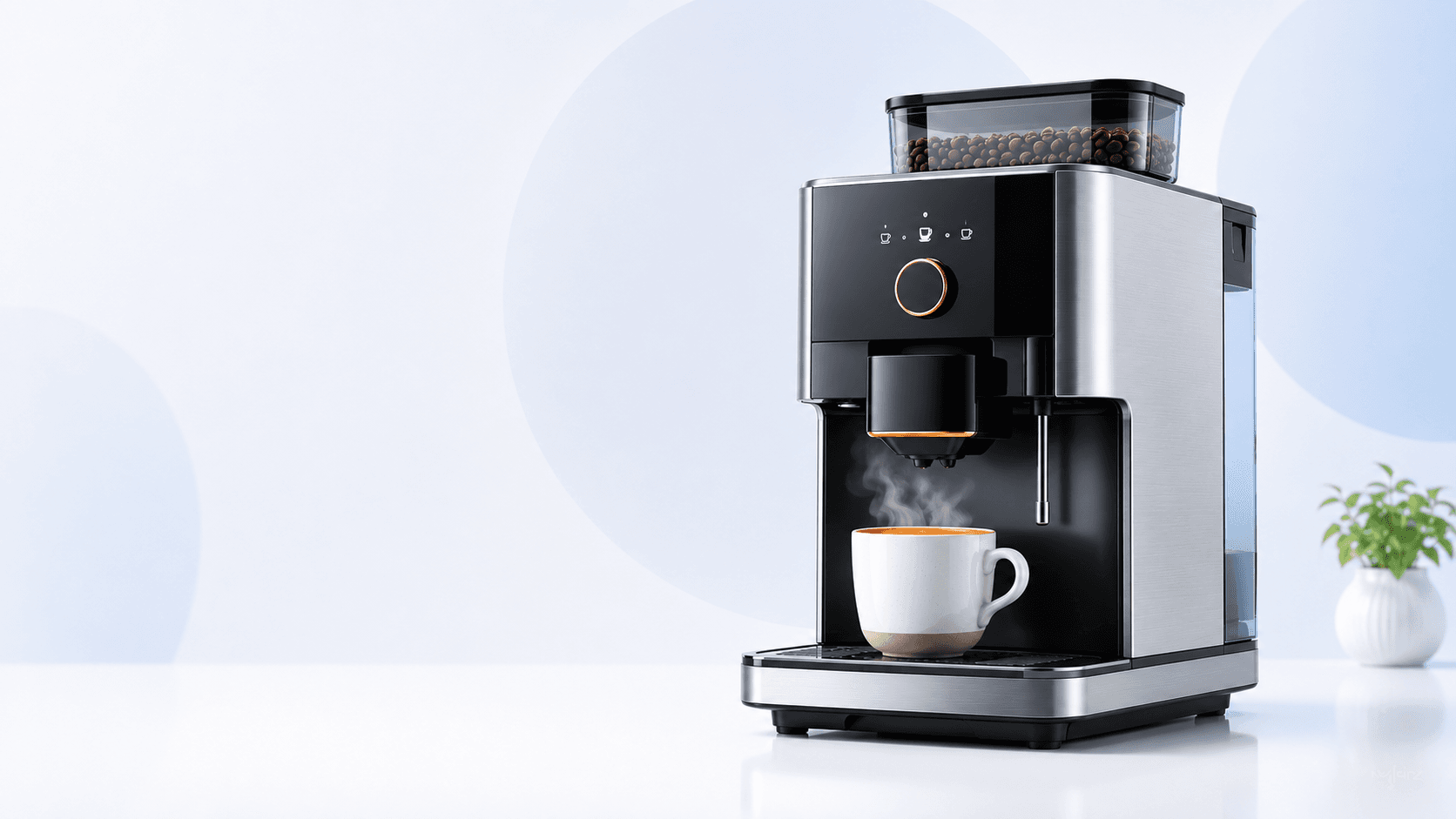 Moderner Kaffeevollautomat aus Edelstahl bereitet in heller Studioumgebung einen frischen Espresso mit Crema zu – symbolisches Markenbild von SmartShopping, kein bestimmtes Produkt.